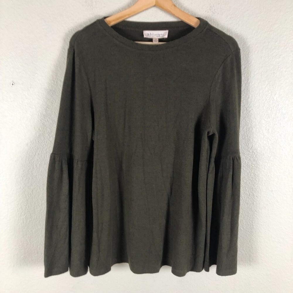 Philosophy Knit Top Sweater Women S Olive Heather Stretch Bell Sleeve Athleisure
